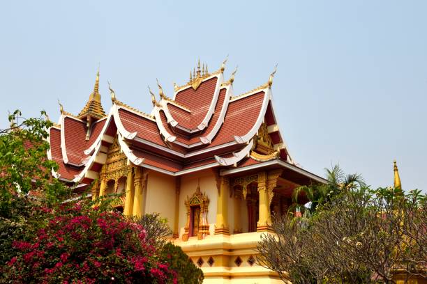 Thar Luang Monastery（luán）in Vientiane, Laos.\nThar Luang Monastery（luán）is a Buddhist shrine in Laos. Thar Luang is a unique building that Lao people are proud of, its architectural form, layout and structure are renowned. Built in 737 AD, it is considered a national treasure of Laos,\nThe top of the main tower is gilded, shining with gold in the sun. After it was rebuilt in the 1930s, it became the most important pagoda in the hearts of the Lao people.\nThis is the office building inside the Thar Luang Monastery\n(Pagoda Luang Temple) scenic spot.