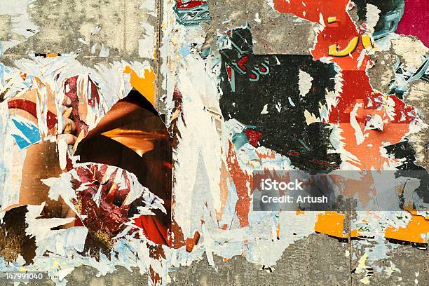 Grunge Background With Old Torn Posters Stock Photo - Download Image Now - Abstract, Advertisement, Backgrounds