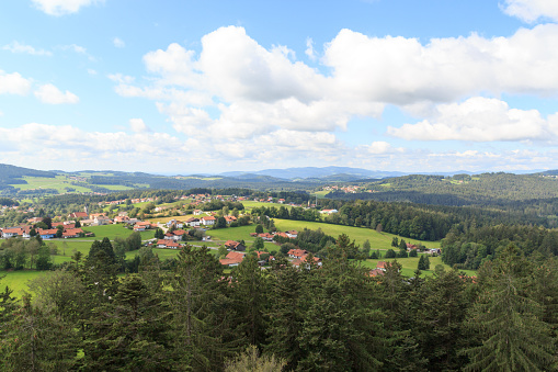 Mountain and tree panorama view with municipality Neuschönau seen from Treetop Walk Bavarian Forest in Bavarian Forest National Park, Germany