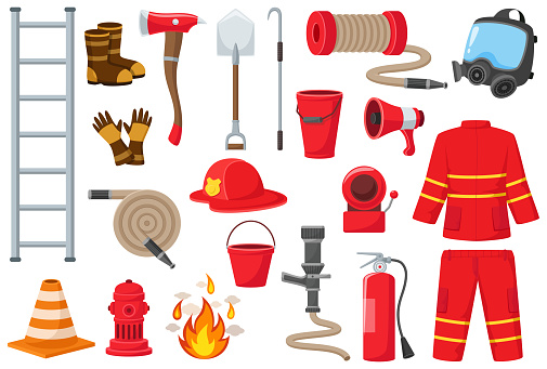 Vector illustration of Set of firefighting elements cartoon