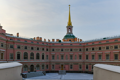 Saint Petersburg, Russia - Dec 26, 2021: Saint Michael's Castle historical building in Saint Petersburg, Russia during the winter.