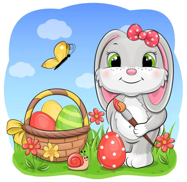 Vector illustration of A cute cartoon easter bunny with a paintbrush and a basket full of easter eggs.