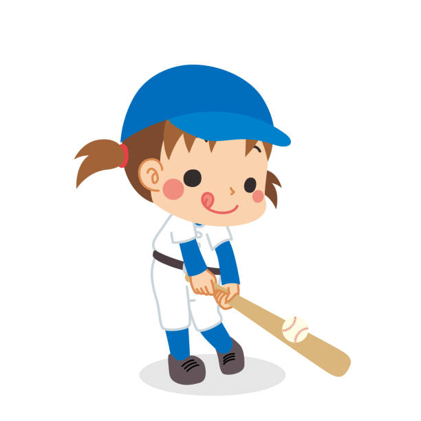 야구를 하는 어린 소녀 - white background baseball one person action stock illustrations