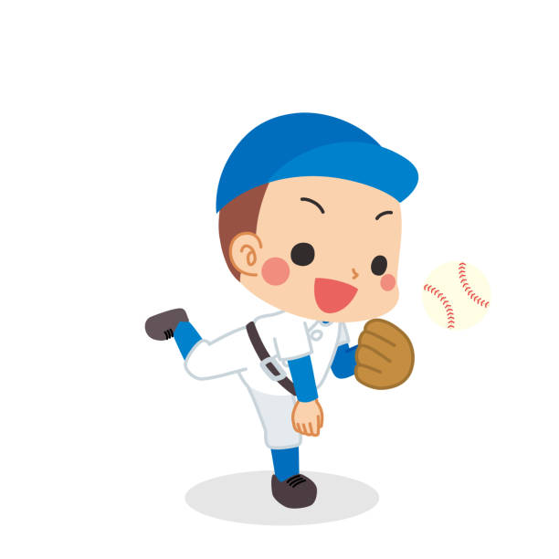 야구를 하는 어린 소년 - white background baseball one person action stock illustrations