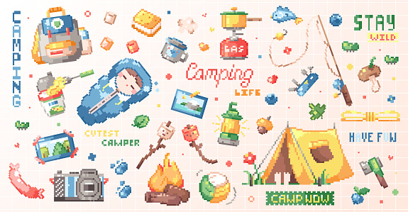 Pixel art camping adventure set. 8bit game decorative elements - tent, campfire, sleeping bag, camera, tent, fishing, fishing rod, fried marshmallow, gas burner, axe, backpack. Vector stickers.