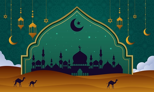 realistic islamic background with crescent and Lanterns. background for Islamic religions ,Eid al fitr, Eid al adha, Happy muharram, Islamic new year, Ramadan kareem.
