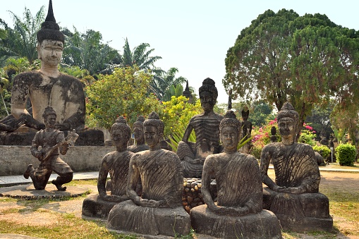 Vientiane, Laos.\nXieng Khuan Buddha Park, is located on the Mekong River about 25 kilometers southeast of Vientiane. Xieng Khuan means city of spirits. It is a sculpture park with more than 200 Buddha statues in a variety of shapes, blending Buddhist and Hindu styles.\nIt was built in 1958, it is now one of Vientiane's most famous tourist attractions.