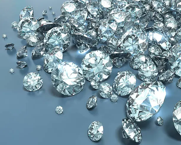 Assorted diamonds. 3D render with caustics, HDRI lighting and raytraced textures.