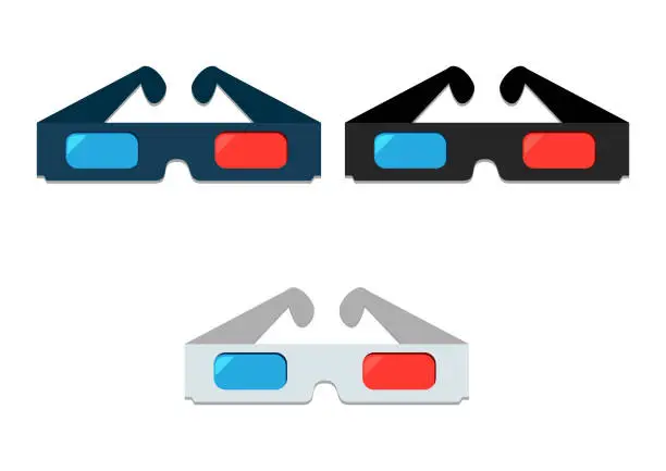 Vector illustration of Illustration of three different color 3D glasses on a white background