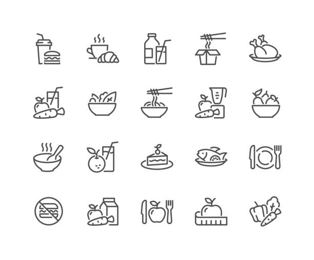 ilustraciones, imágenes clip art, dibujos animados e iconos de stock de iconos de comida de línea - comida básica