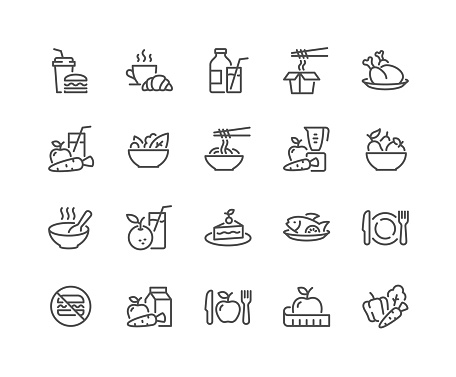 Simple Set of Meal Related Vector Line Icons. 
Contains such Icons as Fruit Basket, Noddles, Healthy Smoothies and more. Editable Stroke. 48x48 Pixel Perfect.