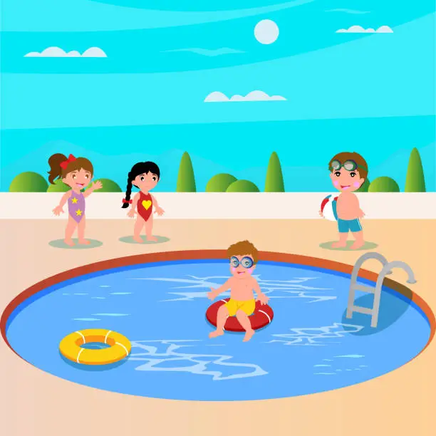 Vector illustration of Kids are having fun at the pool. Cute children play at the pool