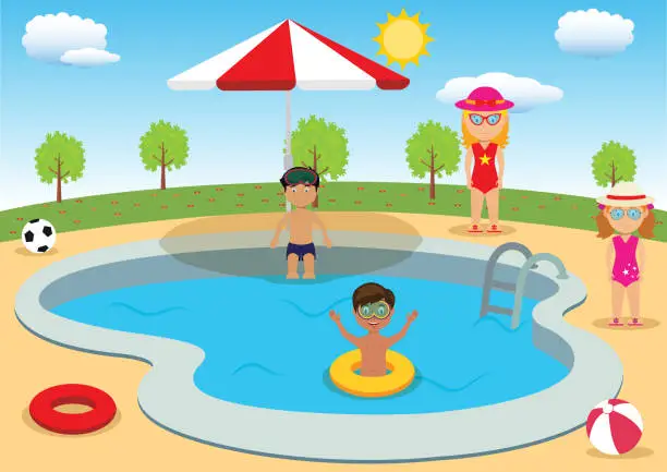 Vector illustration of Kids are having fun at the pool