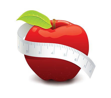 This is a vector illustration of a health concept with red apple and measuring tape