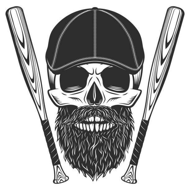 ilustrações, clipart, desenhos animados e ícones de crânio com barba e bigode no chapéu de tweed do gângster gatsby boné plano com ilustração vetorial do taco de beisebol - bat weapon baseball mob