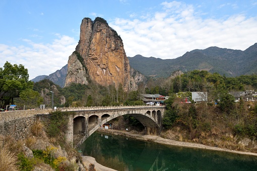 red hanging bridge or suspension bridge above the green river in the valley, Wulai, Taiwan