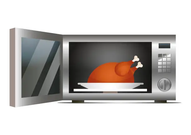 Vector illustration of Modern kitchen microwave isolated on white background. Open microwave with cooked chicken
