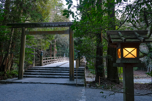 Ise, Japan - March 17, 2023: Torii at the Ise Jingu Geku a Shinto Shrine in Ise, Japan.