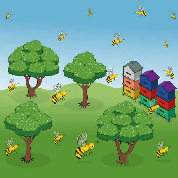 Vector illustration of Orchard the hard working bees hives