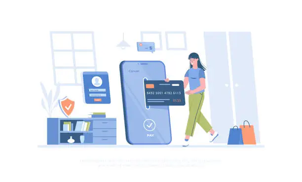 Vector illustration of Mobile banking, online internet payment. Mobile application, service for money transactions. Cartoon modern flat vector illustration for banner, website design, landing page.