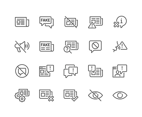 Simple Set of Fake News Related Vector Line Icons. 
Contains such Icons as Wrong Information, Propaganda, Inappropriate Content and more. Editable Stroke. 48x48 Pixel Perfect.