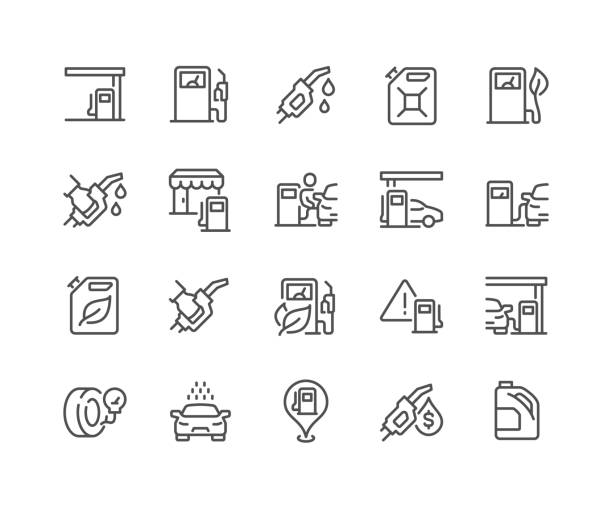 stockillustraties, clipart, cartoons en iconen met line gas station icons - benzinestation