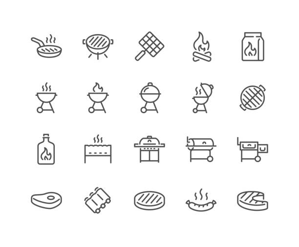 ilustraciones, imágenes clip art, dibujos animados e iconos de stock de iconos de line grill - cocido a la parrilla