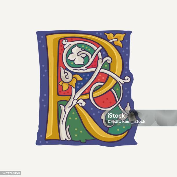 Calligraphy R Renaissance R Letter Drop Cap Logo With Interlaced White Vine And Gilding ...