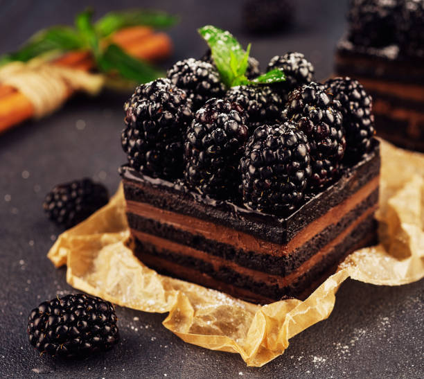 Chocolate cake with fresh berries closeup