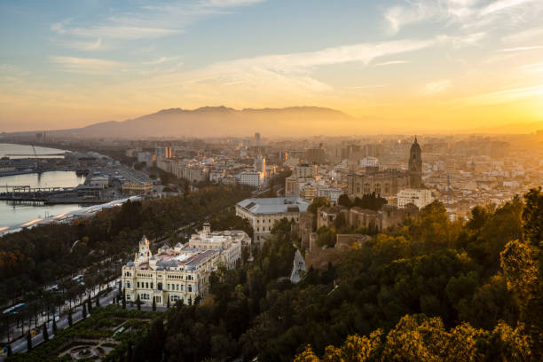 Aerial View of the City of Malaga at Sunset, Spain stock photo