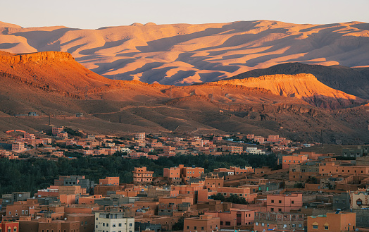 Kasbah and village in Boumalne Dades , Morocco North Africa Atlas Mountain in the morning