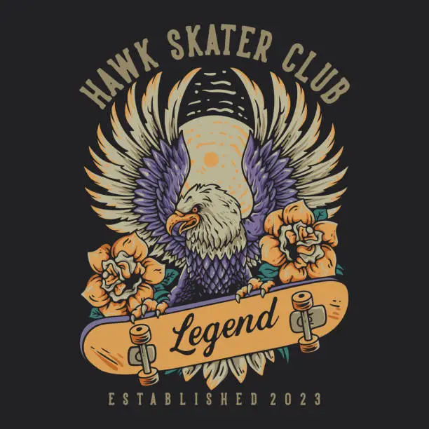 Vector illustration of T Shirt Design Hawk Skater Club With Eagle Riding On Skateboard Vintage Illustration