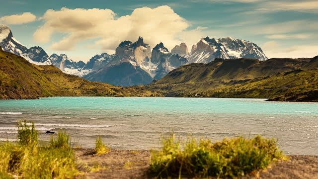 Time lapse at shore of Lake Pehoé in Torres del Paine National Park, Chile
