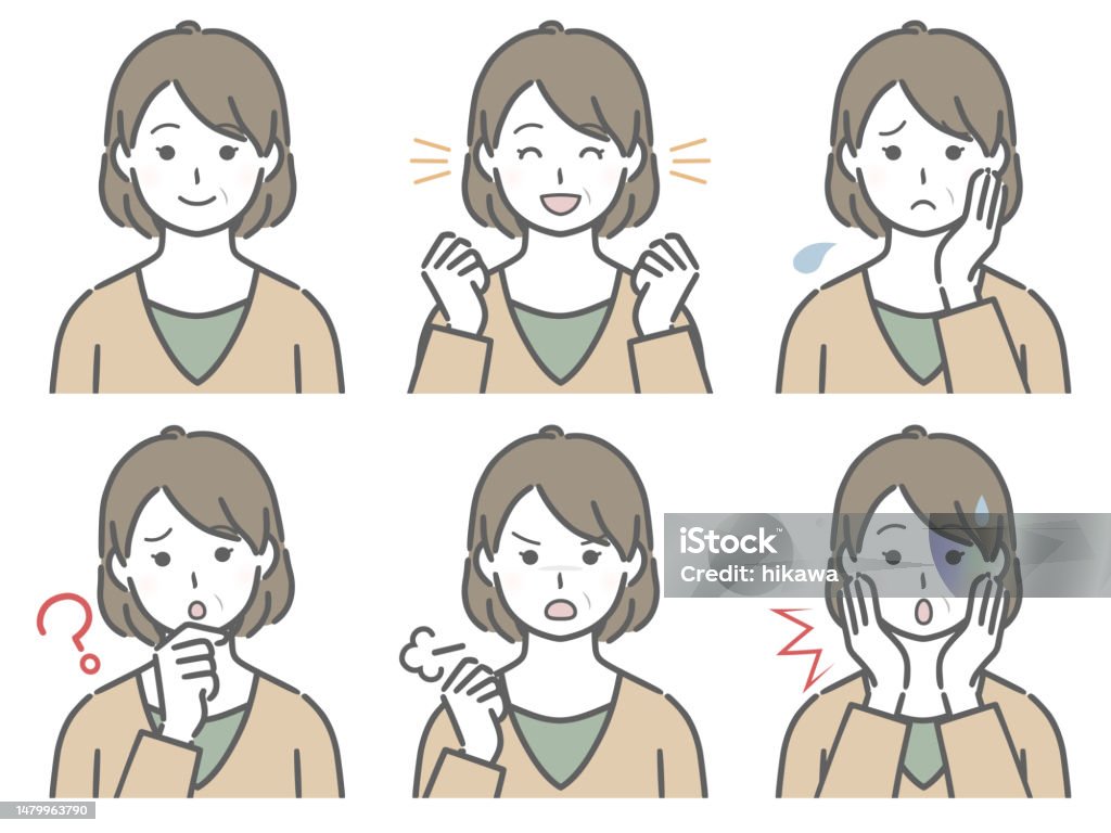 중년 여성의 다양한 표정 걱정하는에 대한 스톡 벡터 아트 및 기타 이미지 - 걱정하는, 놀라움, 다양 - iStock