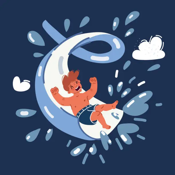 Vector illustration of Boy has into pool after going down water slide during summer
