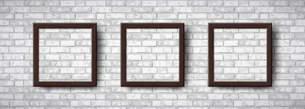 Vector illustration of Realistic Square Empty Photo Frames set on grey brick wall. Vector brown wooden picture frame mockup template on grunge brickwall background. Mock up for poster, photo gallery, painting, presentation