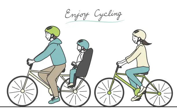 Vector illustration of Father and mother riding bicycle with a boy