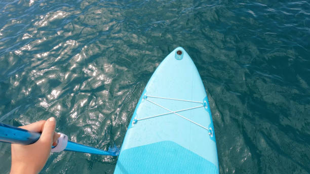 Detail of a man on stand up paddle board. Stand up paddler at sunset, paddle board sport. A tourist practicing a water sport during his vacations.