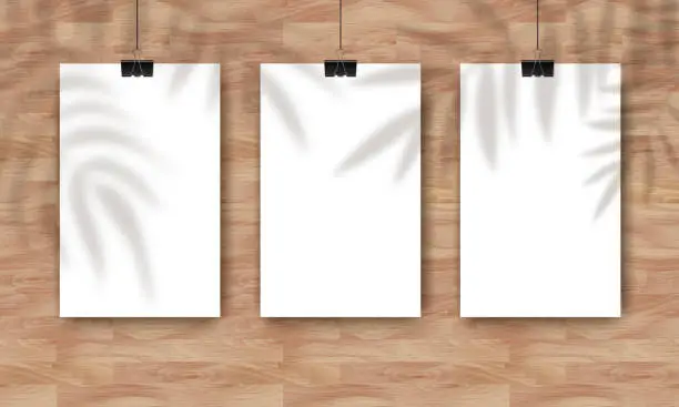 Vector illustration of Vector Mockup with three empty white vertical posters on natural wooden background and palm shadow overlay. Trendy portfolio blanc space frame background for web portfolio, poster mock up, advertising