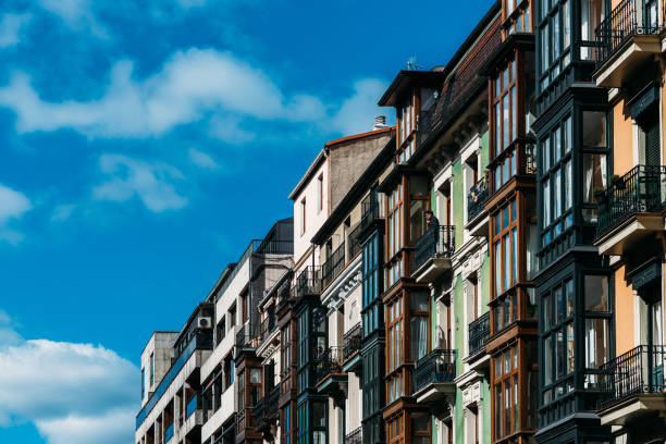 Bilbao, Spain - April 3rd, 2023: Old building facades in Bilbao, Basque Country, Spain