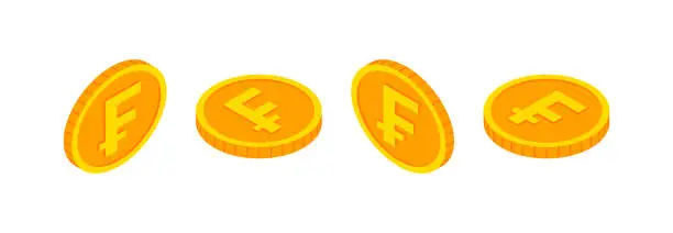 Vector illustration of Isometric gold coins set with Swiss frank sign. 3d Cash, frank currency, Game coin, banking or casino money symbol for web, apps, design. Switzerland currency exchange icon vector icon.