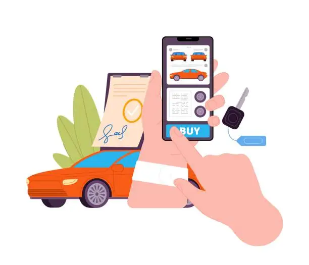 Vector illustration of Car dealer online. Digital auto dealership, distant automotive selling insurance leasing, internet sale automobile purchase rent lease