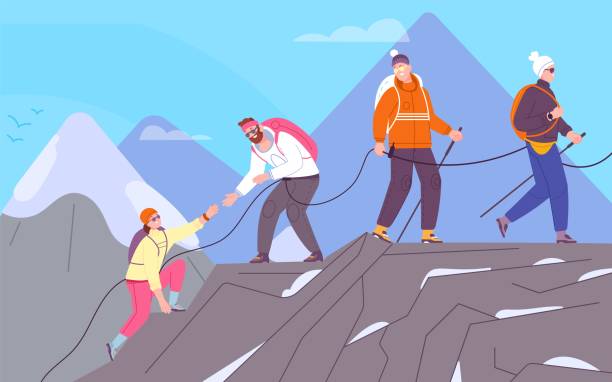 группа альпинистов. команда backpacker поднимается на вершину горы, командная работа помогает альпинистской экспедиции риск бросить вызов трек - восхождение на гору stock illustrations