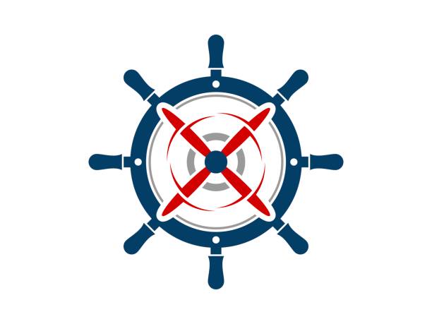 빨간색 프로펠러가 있는 요트 스티어링 휠 - anchor harbor vector symbol stock illustrations