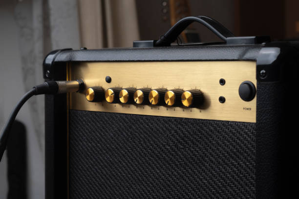 istock Guitar amplifier with golden blank plate for mok-up or customization 1479971544