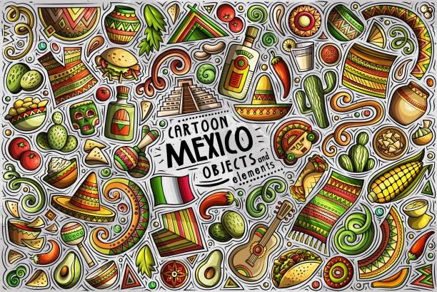 набор традиционных символов и предметов мексики - mexican cuisine illustrations stock illustrations