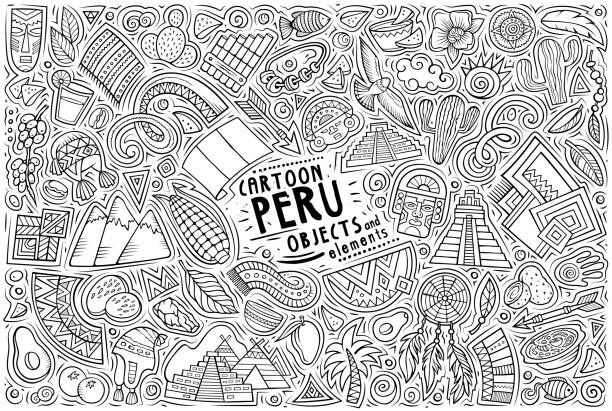 ilustraciones, imágenes clip art, dibujos animados e iconos de stock de conjunto de símbolos y objetos tradicionales del perú - dibujos aztecas