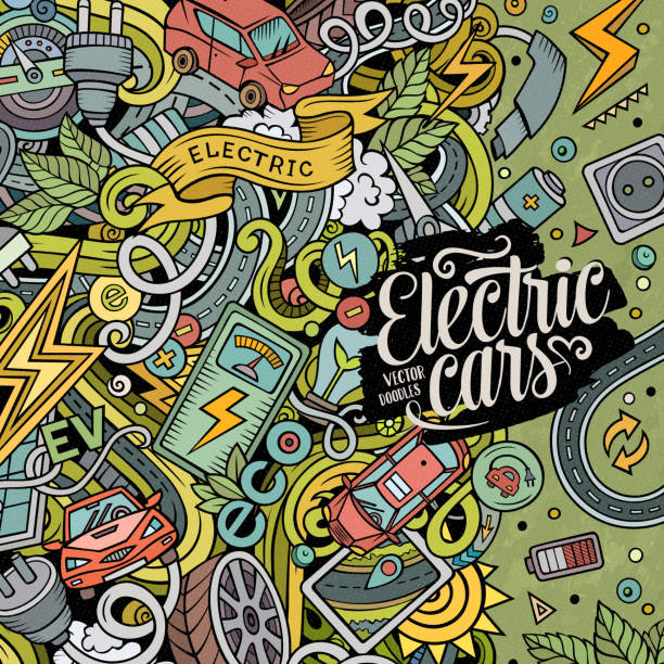 cartoon-doodles elektroautos rahmendesign - art electric plug cartoon drawing stock-grafiken, -clipart, -cartoons und -symbole