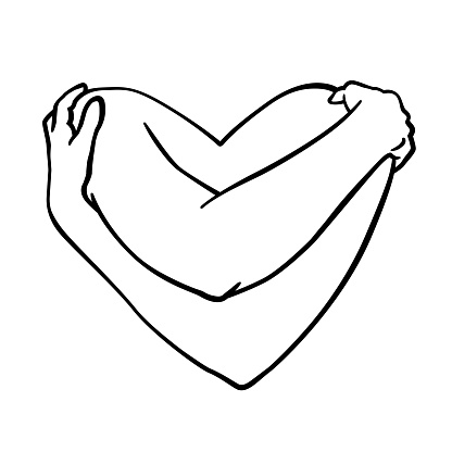 Love your body. Hug yourself heart hand drawn sketch line art vector illustration.