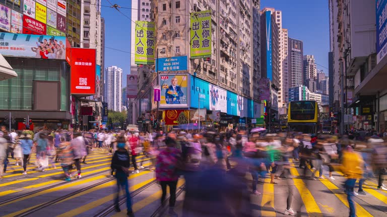 Timelapse Hong Kong city street, people cross road